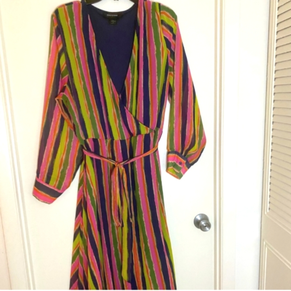 Colorful Striped Faux Wrap Dress